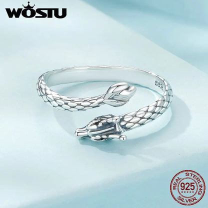 WOSTU Vintage 925 Sterling Silver Dragon Opening Ring For Women Lucky Gothic Animal Stackable Rings Party Punk Hiphop Gift