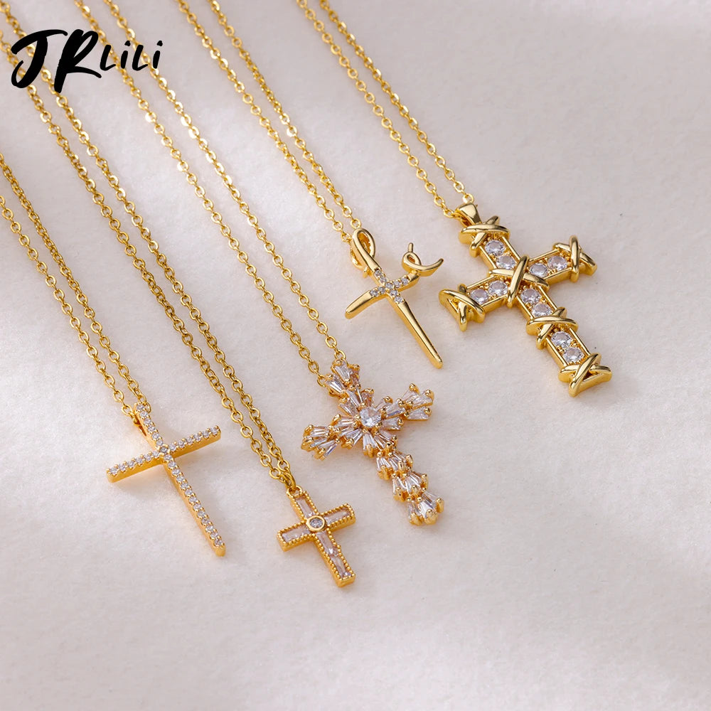 Zircon Cross Pendant Necklace for Women Gold Color Stainless Steel Collar Neckalces 2024 Trend Goth Party Wedding Jewelry Gifts