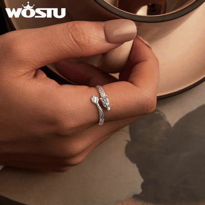 WOSTU Vintage 925 Sterling Silver Dragon Opening Ring For Women Lucky Gothic Animal Stackable Rings Party Punk Hiphop Gift