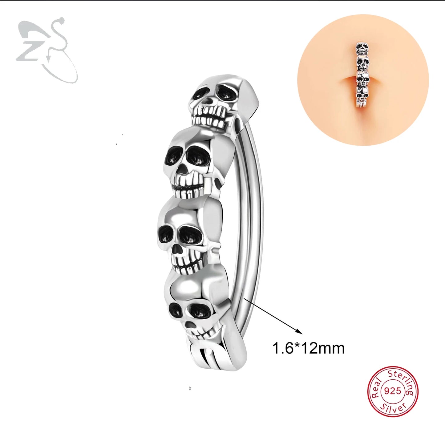 ZS 1 PC Skull Navel Piercing 925 Sterling Silver Reverse Curved Belly Button Rings for Men Punk Rock Clicker Navel Rings 14/16G