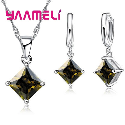 New Fashion Women Pendants Necklace Simple Geometry Square Earrings Crystal 925 Sterling Silver Color Jewelry Sets for Wedding