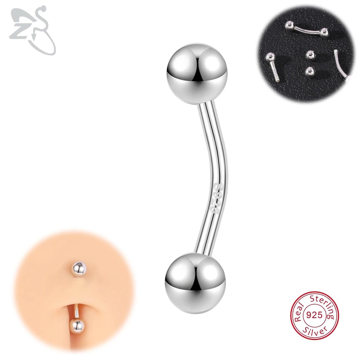 ZS 1PC Solid 925 Silver Curved Barbell Belly Ring Silver Color Belly Button Ring Minimalist Navel Piercing Eyebrow Rook Piercing