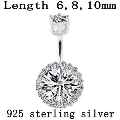 Belly button ring real 925 sterling silver body piercing fine jewelry round zircon not allergic pin length 6 8 10 mm 925 silver