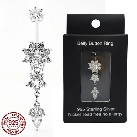 New Arrived 925 Sterling Silver Belly Button Ring Bar Barbell Flower Shape CZ Navel Piercing Jewelry