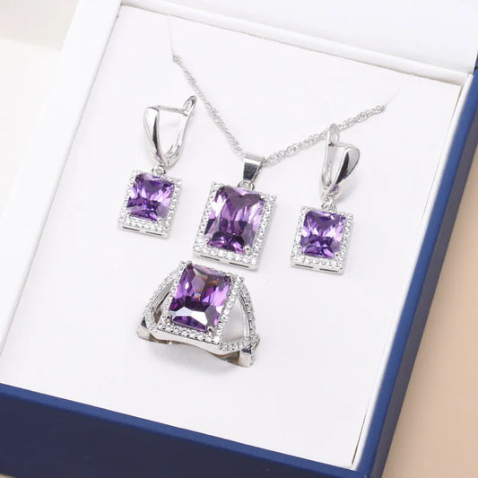 925 Sterling Silver Jewelry Sets Accessories Bridal Women Natural Crystal Zircon Earrings Open Ring Pendant Wedding Necklace Set