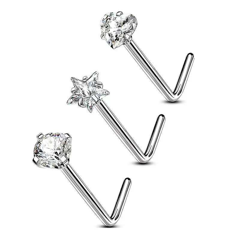 1 pc Peach Shape Heart Star Shiny Zircon Stainless Steel L-Shape Small Nose Ring Nose Studs Punk Nose Piercing Jewelry