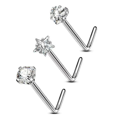 1 pc Peach Shape Heart Star Shiny Zircon Stainless Steel L-Shape Small Nose Ring Nose Studs Punk Nose Piercing Jewelry