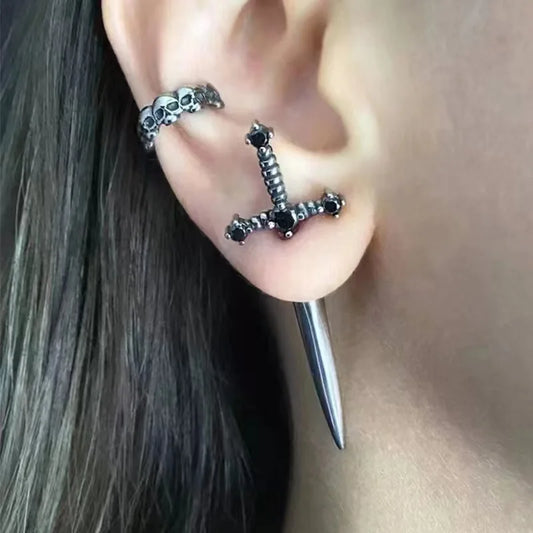 Vintage Dark Gothic Kinitial Sword Earrings For Women Men Dagger Piercing Earring Ear Jacket Punk Goth Halloween Jewelry Gift