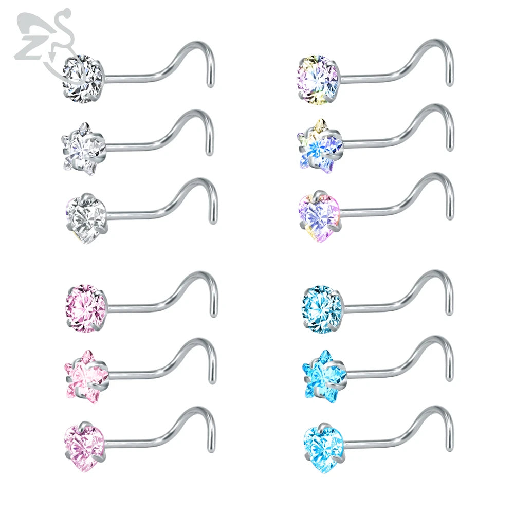 ZS 3-12pcs/lot Stainless Steel Nose Stud Set Round Heart Star CZ Crystal Nose Piercings 3MM L Shape Nostril Piercing Jewelry 20g