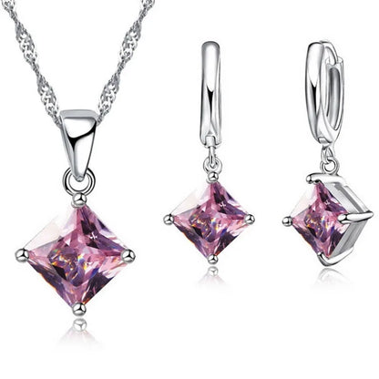 New Fashion Women Pendants Necklace Simple Geometry Square Earrings Crystal 925 Sterling Silver Color Jewelry Sets for Wedding