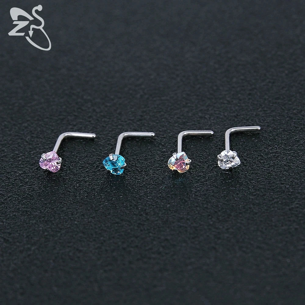 ZS 3-12pcs/lot Stainless Steel Nose Stud Set Round Heart Star CZ Crystal Nose Piercings 3MM L Shape Nostril Piercing Jewelry 20g