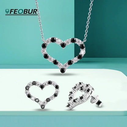 FEOBUR 2ct Black White Moissanite Necklace Heart Pendant for Women 925 Sterling Silver Stud Earring Jewelry Girls Birthday Gift