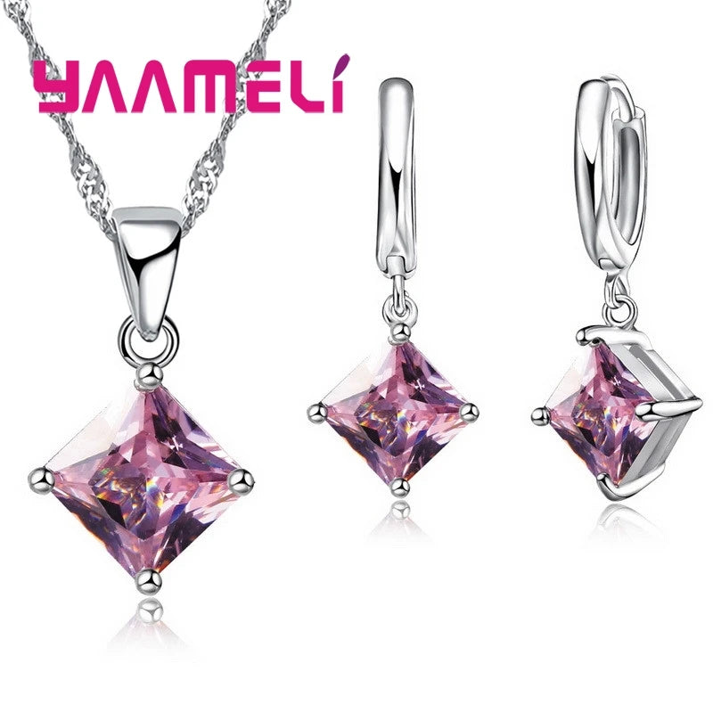 New Fashion Women Pendants Necklace Simple Geometry Square Earrings Crystal 925 Sterling Silver Color Jewelry Sets for Wedding