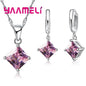 New Fashion Women Pendants Necklace Simple Geometry Square Earrings Crystal 925 Sterling Silver Color Jewelry Sets for Wedding