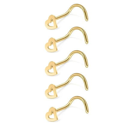 Hollow Heart Stainless Steel Nose Stud Set for Women, Nostril Piercing Nariz Pin Screw Body Jewelry