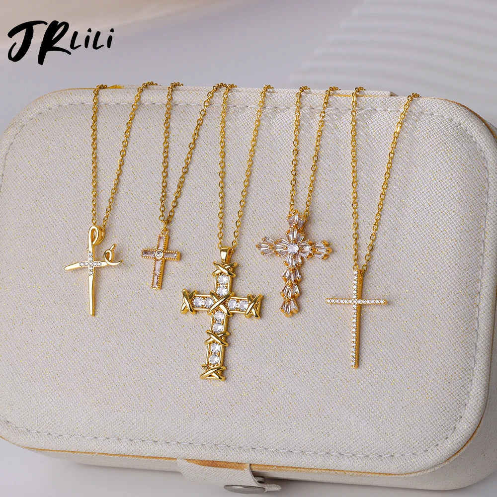 Zircon Cross Pendant Necklace for Women Gold Color Stainless Steel Collar Neckalces 2024 Trend Goth Party Wedding Jewelry Gifts