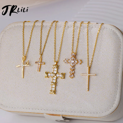 Zircon Cross Pendant Necklace for Women Gold Color Stainless Steel Collar Neckalces 2024 Trend Goth Party Wedding Jewelry Gifts