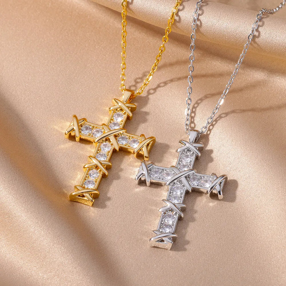 Zircon Cross Pendant Necklace for Women Gold Color Stainless Steel Collar Neckalces 2024 Trend Goth Party Wedding Jewelry Gifts