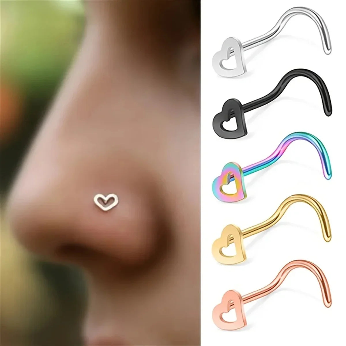 Hollow Heart Stainless Steel Nose Stud Set for Women, Nostril Piercing Nariz Pin Screw Body Jewelry