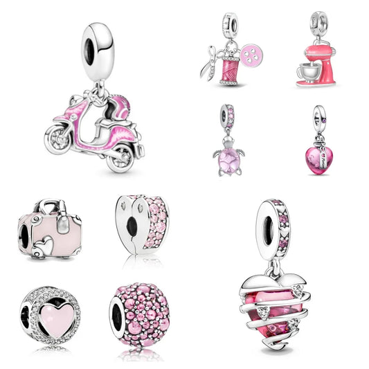 2024 New Pink Series Bag Motorcycle Heart Diy Bead Fit European Bracelet 925 Sterling Silver Jewelry Accessories