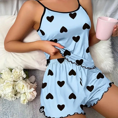 Women's Pajama Set Pajamas T-Shirts Shorts Pink Heart-Shaped Print Round Neck T-Shirt Ice Silk Top Comfortable Casual Summer ﻿