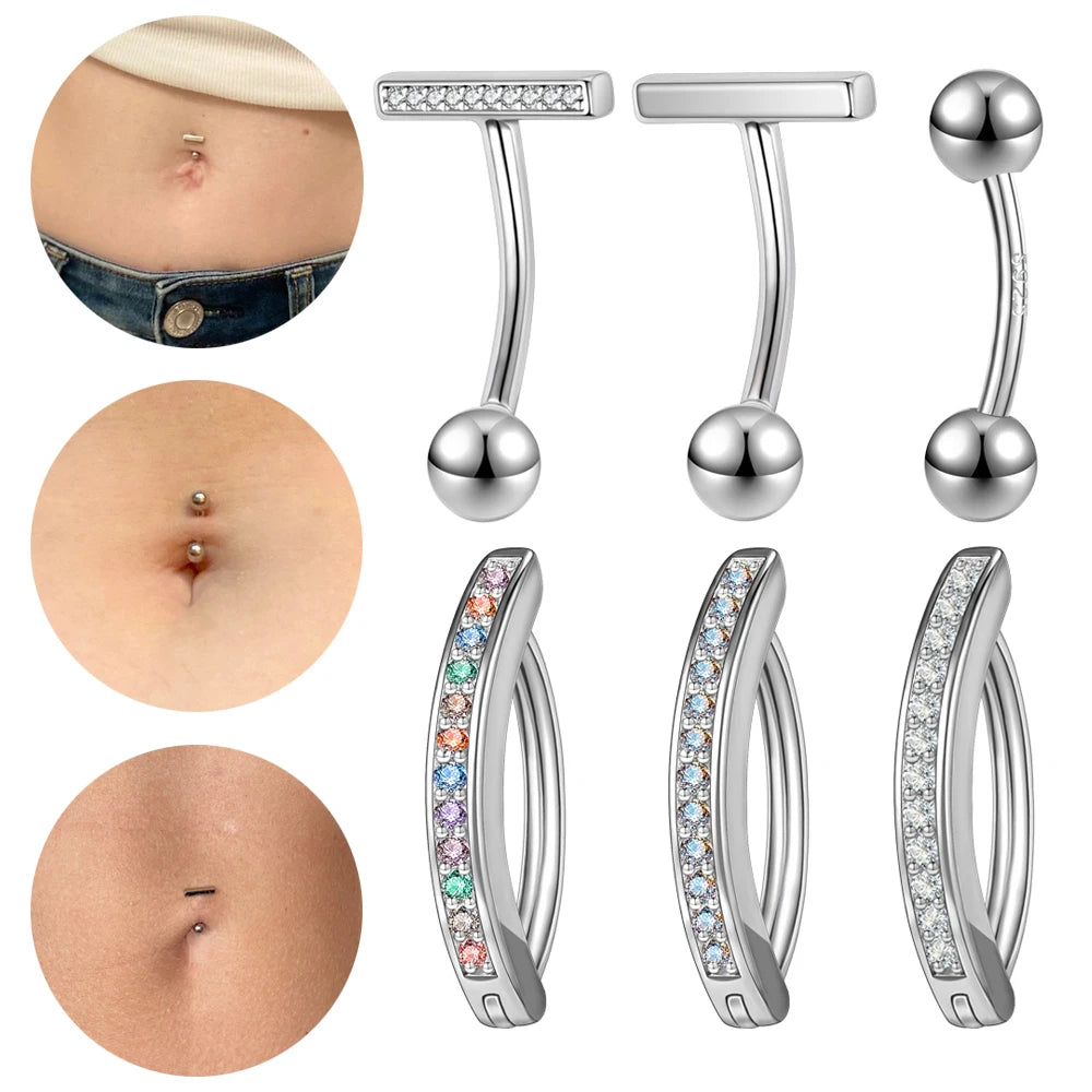 ZS 14/16G 925Sliver Minimalist Belly Button Ring Women Zircon Reverse Navel Piercing T Shape Navel Rings Barbell Body Jewelry