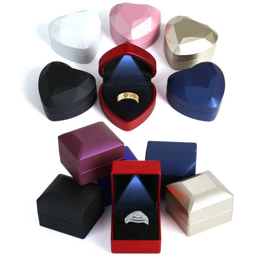 Heart Square Shaped LED Light Ring Box Velvet Jewelry Display Gift Storage Case Wedding Engagement Proposal Anniversary Boxes