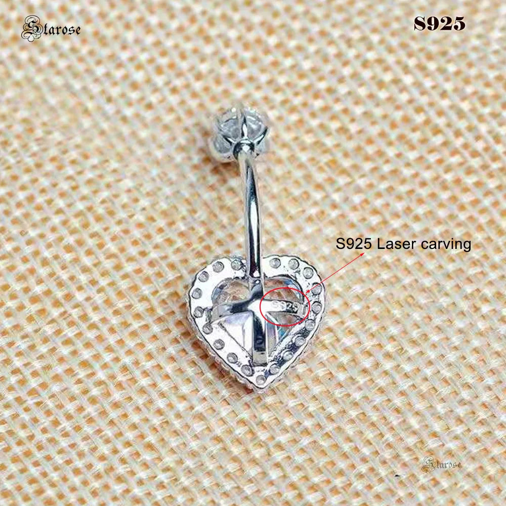 1.6x8mm 925 Sterling Silver Crystal Heart Belly Bar Navel Piercing Jewelry Women Belly Button Rings Navel Piercing Ombligo