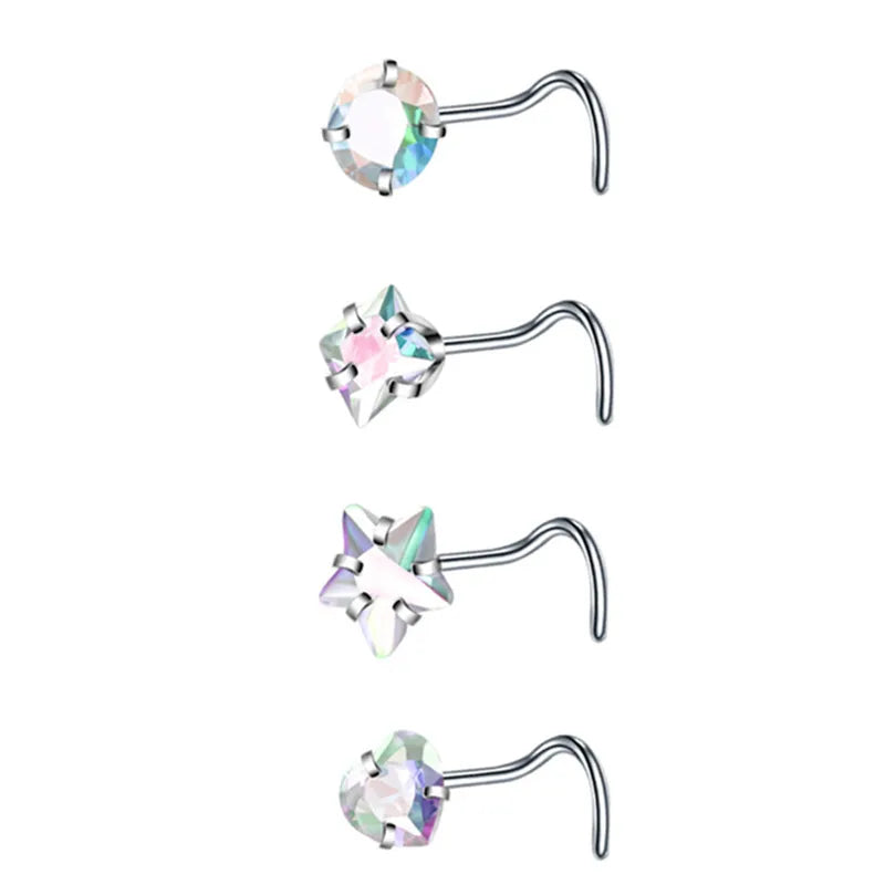 4PCS Surgical Steel Heart Nose Ring Stud Pack Real Star L Shape Nose Piercing Stud Set Square Nose Rings Set Piercing Nariz Lote