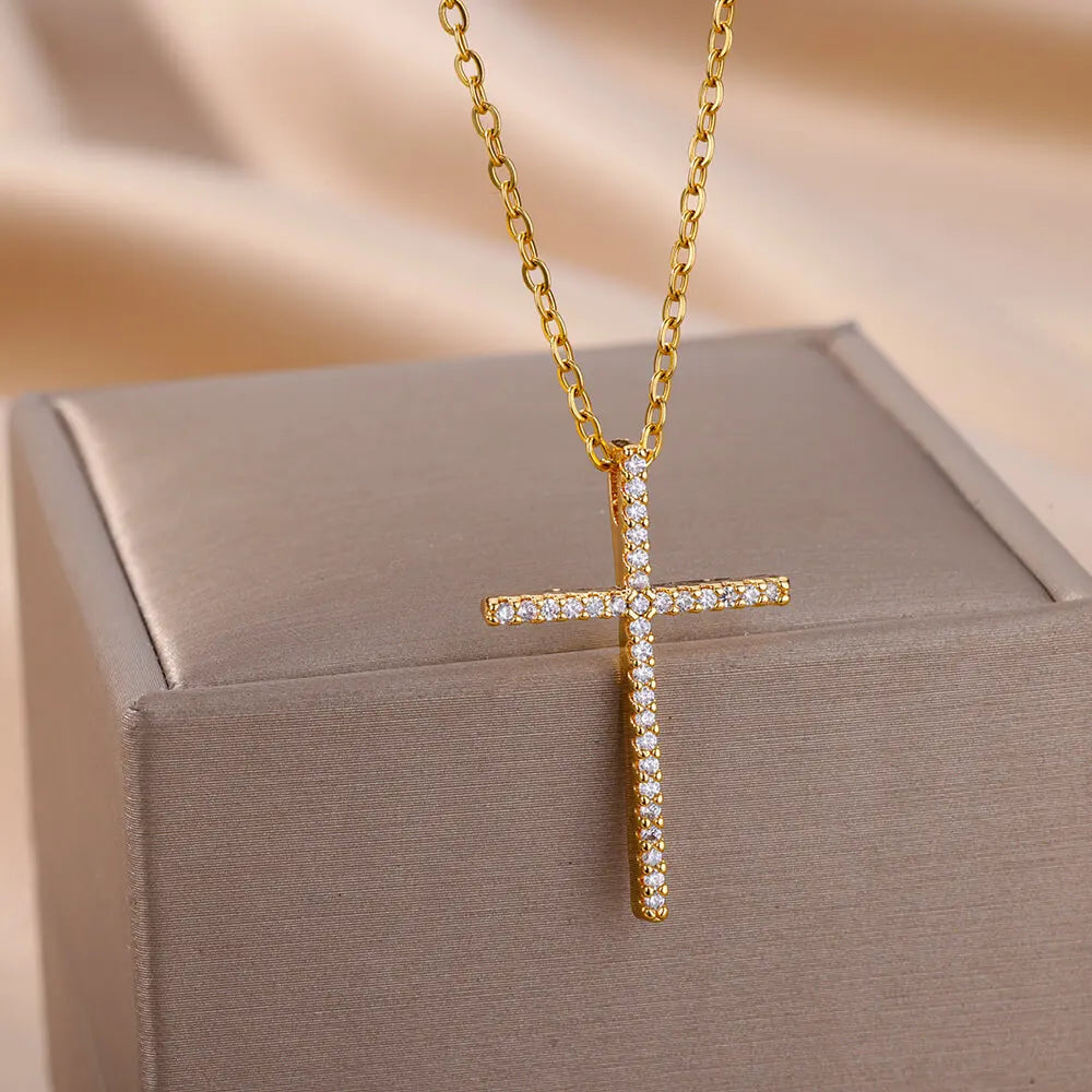 Zircon Cross Pendant Necklace for Women Gold Color Stainless Steel Collar Neckalces 2024 Trend Goth Party Wedding Jewelry Gifts