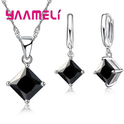 New Fashion Women Pendants Necklace Simple Geometry Square Earrings Crystal 925 Sterling Silver Color Jewelry Sets for Wedding