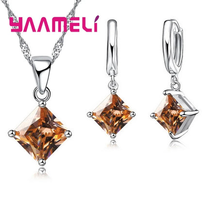 New Fashion Women Pendants Necklace Simple Geometry Square Earrings Crystal 925 Sterling Silver Color Jewelry Sets for Wedding