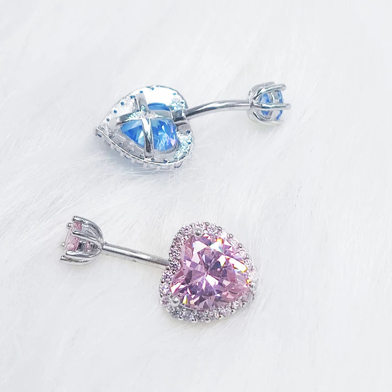 925 Sterling Silver Heart Belly Button Rings for Women Blue Pink CZ  Navel Barbell Studs Screw Navel Bars Body Piercing Jewelry