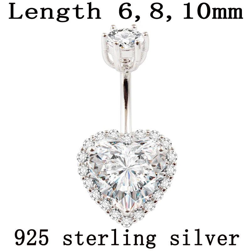 Real 925 sterling silver belly button ring women fine jewelry heart body piercing jewelry S925 6 8 10 mm navel bar zircon stones