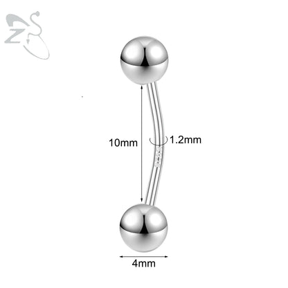 ZS 1PC Solid 925 Silver Curved Barbell Belly Ring Silver Color Belly Button Ring Minimalist Navel Piercing Eyebrow Rook Piercing