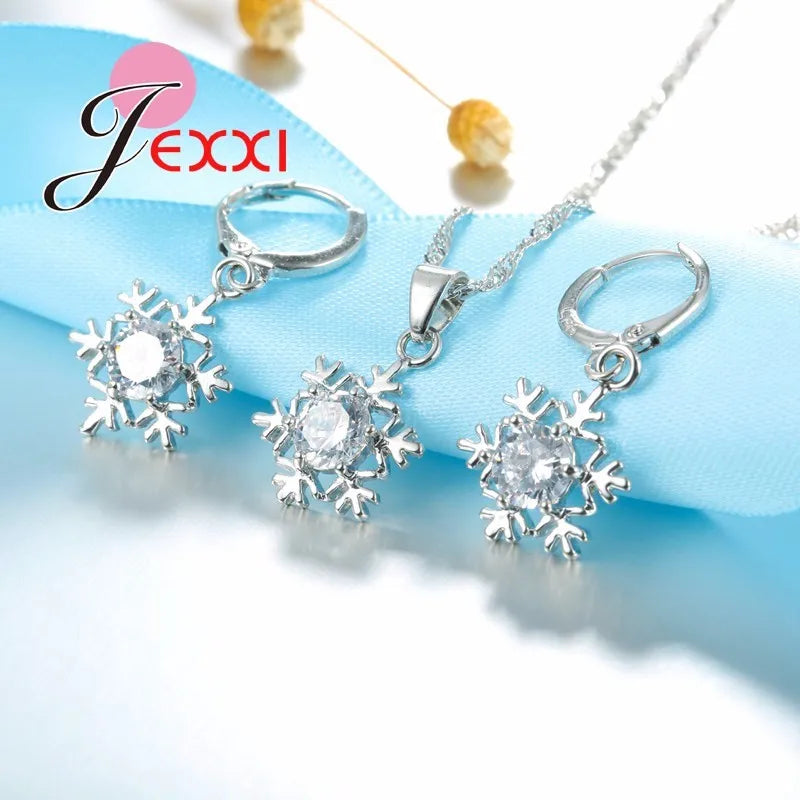 Elegant Women Snowflake Pendant Crystal 925 Sterling Silver Chain Necklace+Earrings Set Female Fashion Wedding Christmas Jewelry