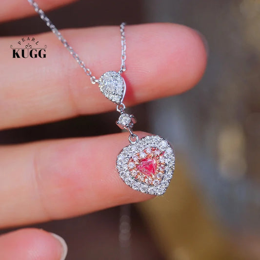 KUGG 18K White Gold Necklace Romantic Heart Design Real Natural Pink Diamond Pendant Necklace for Women High Wedding Jewelry