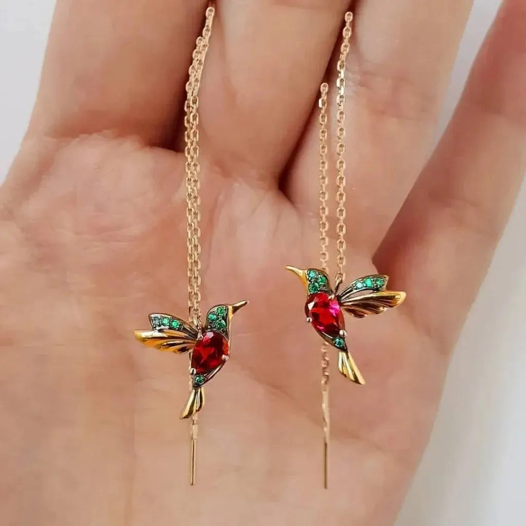 Gold Color Metal Hummingbird Red CZ Long Earrings For Women Green Stone Red CZ Wing Spreading Drop Earring Wedding Party Jewelry