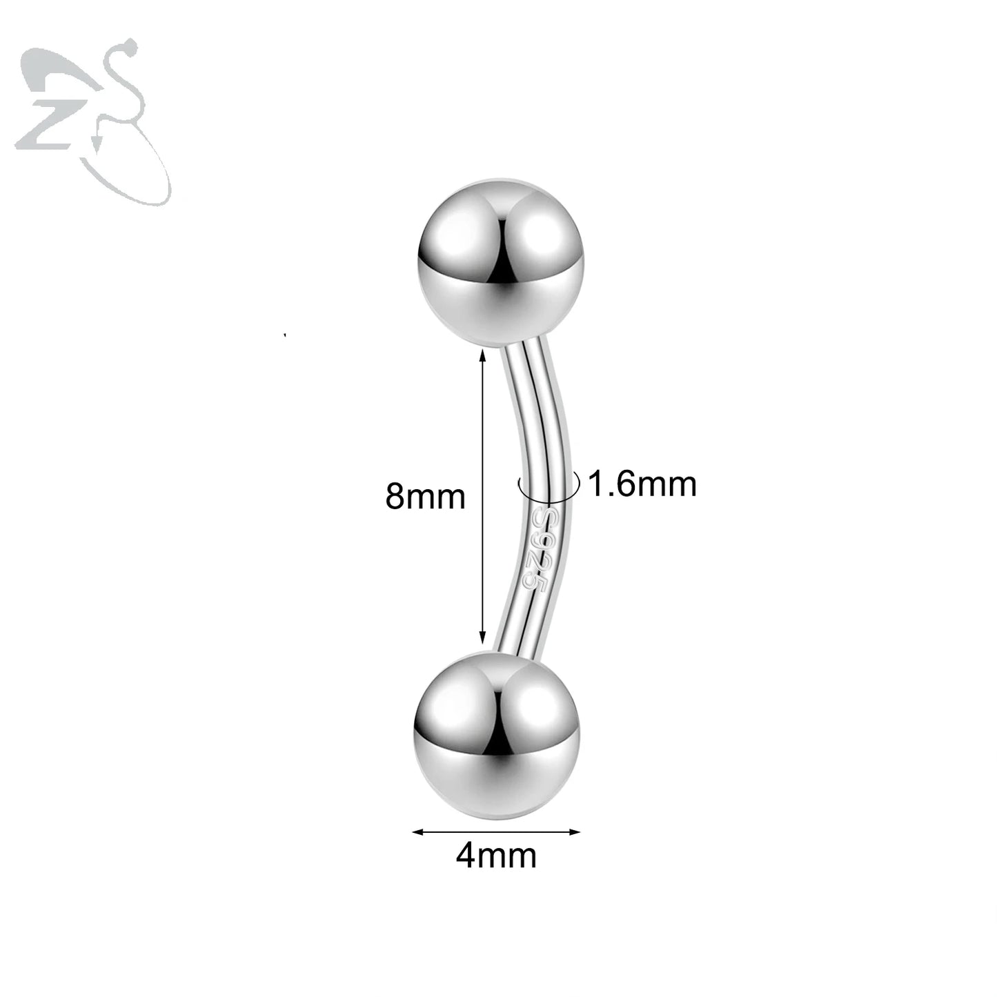 ZS 1PC Solid 925 Silver Curved Barbell Belly Ring Silver Color Belly Button Ring Minimalist Navel Piercing Eyebrow Rook Piercing