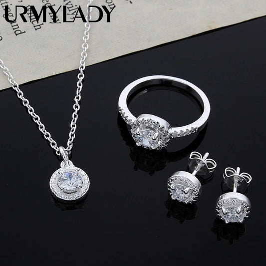 925 Sterling silver Cute Solid Christmas gift noble fashion elegant women shiny crystal CZ necklace earring ring jewelry Set