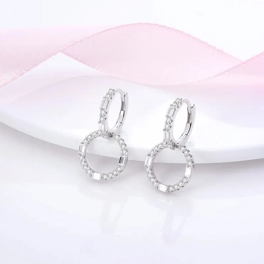 925 Silver Ear Jewelry Hollow Circle Shiny Zircon Inlaid Dangle Earrings Elegant Style Daily Casual Chain Wedding Ladies' Gifts