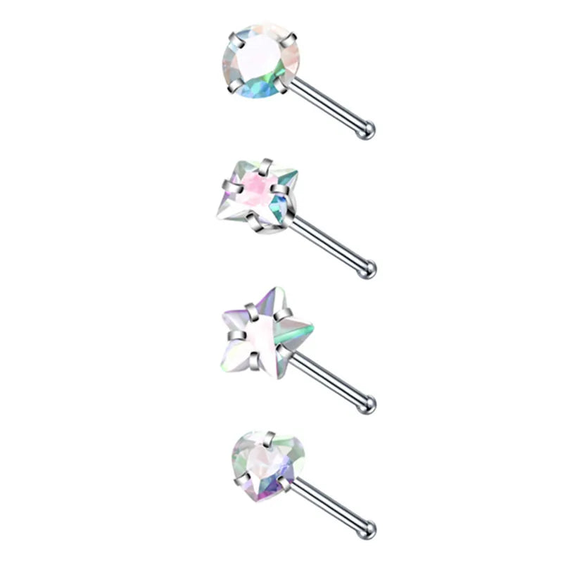 4PCS Surgical Steel Heart Nose Ring Stud Pack Real Star L Shape Nose Piercing Stud Set Square Nose Rings Set Piercing Nariz Lote