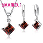 New Fashion Women Pendants Necklace Simple Geometry Square Earrings Crystal 925 Sterling Silver Color Jewelry Sets for Wedding