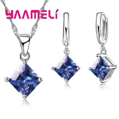 New Fashion Women Pendants Necklace Simple Geometry Square Earrings Crystal 925 Sterling Silver Color Jewelry Sets for Wedding