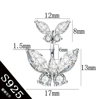 Body jewelry Butterfly real 925 sterling silver Belly button ring pin length 6mm 8mm 10mm Piercing fine jewelry free shipping