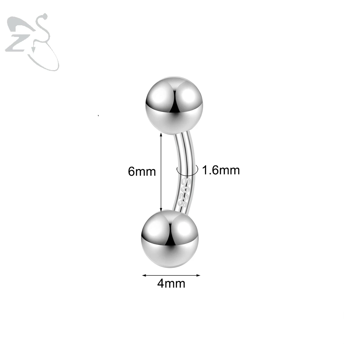 ZS 1PC Solid 925 Silver Curved Barbell Belly Ring Silver Color Belly Button Ring Minimalist Navel Piercing Eyebrow Rook Piercing