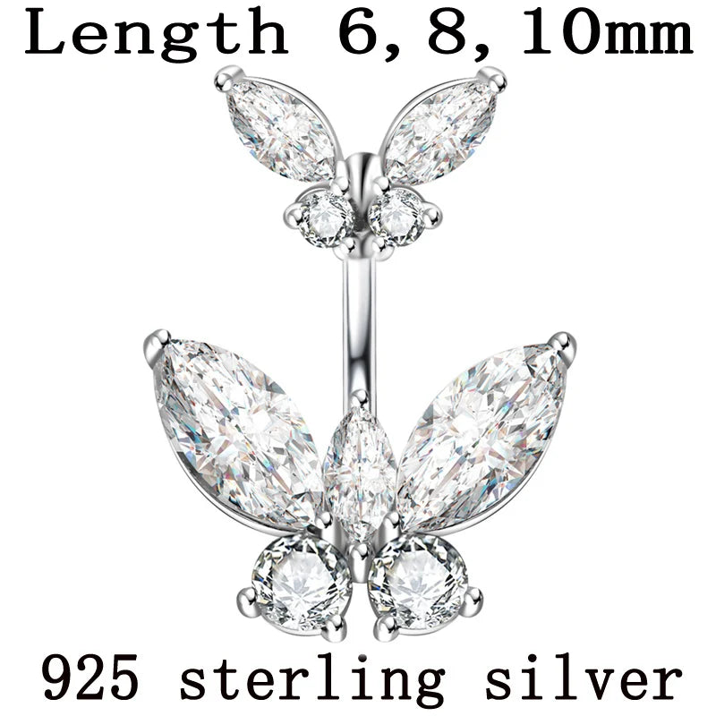 Body jewelry Butterfly real 925 sterling silver Belly button ring pin length 6mm 8mm 10mm Piercing fine jewelry free shipping