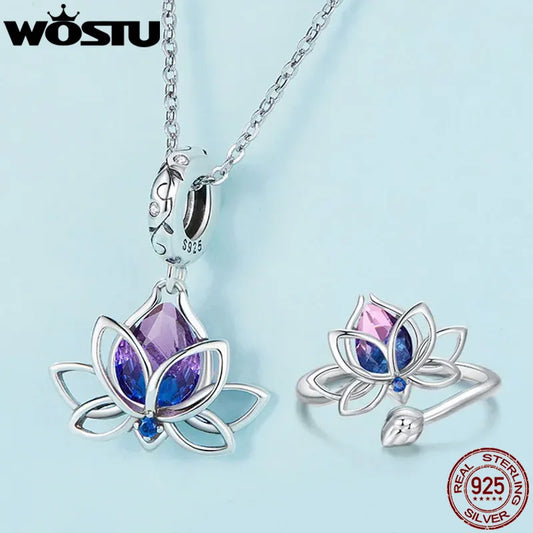 WOSTU 925 Sterling Silver Bi Color Lotus Flower Ring For Women Drop Purple pink Crystal Opening Rings Wedding Party Jewelry Gift