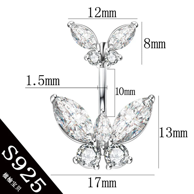 Body jewelry Butterfly real 925 sterling silver Belly button ring pin length 6mm 8mm 10mm Piercing fine jewelry free shipping