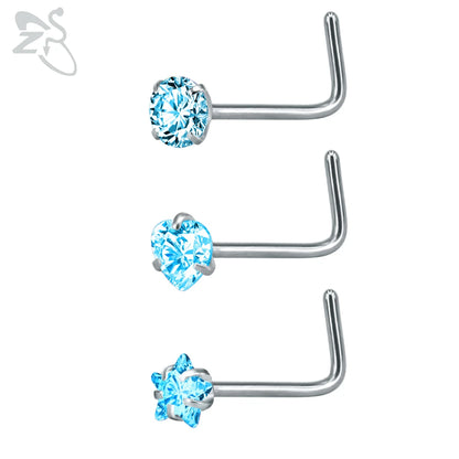 ZS 3-12pcs/lot Stainless Steel Nose Stud Set Round Heart Star CZ Crystal Nose Piercings 3MM L Shape Nostril Piercing Jewelry 20g